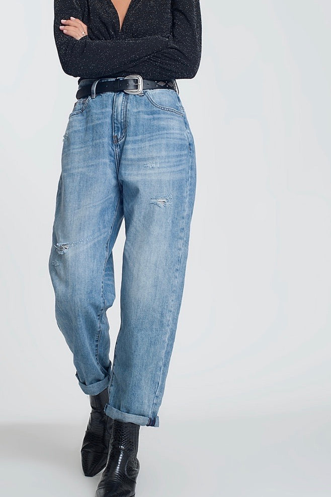 Z1975 HIGH-RISE STRAIGHT JEANS WITH BELT - Mid-blue